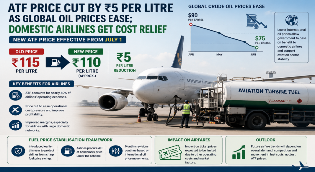 ATF Price Cut by ₹5 per Litre as Global Oil Prices Ease; Domestic Airlines Get Cost Relief