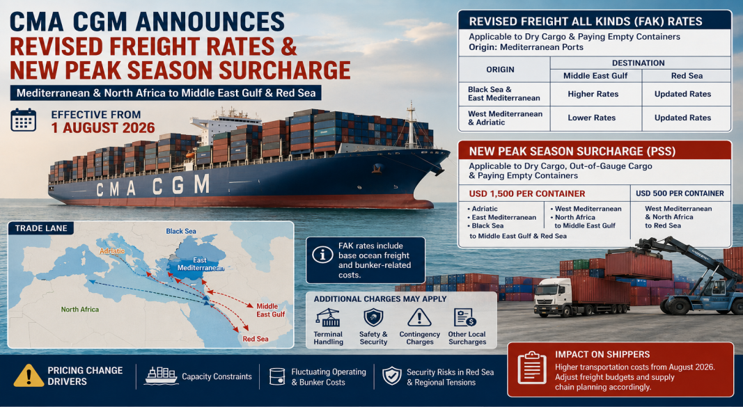 CMA CGM Revises Freight Rates, Adds Peak Season Surcharge on Middle East and Red Sea RoutesCMA CGM Revises Freight Rates, Adds Peak Season Surcharge on Middle East and Red Sea Routes