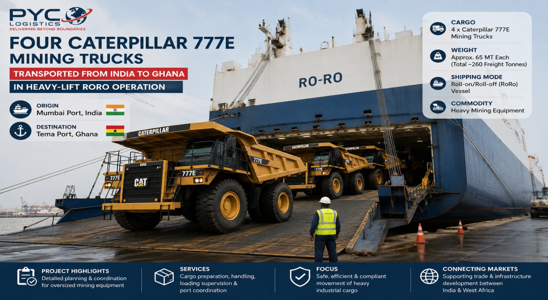 Four Caterpillar Mining Trucks Transported from India to Ghana in Heavy-Lift RoRo Operation